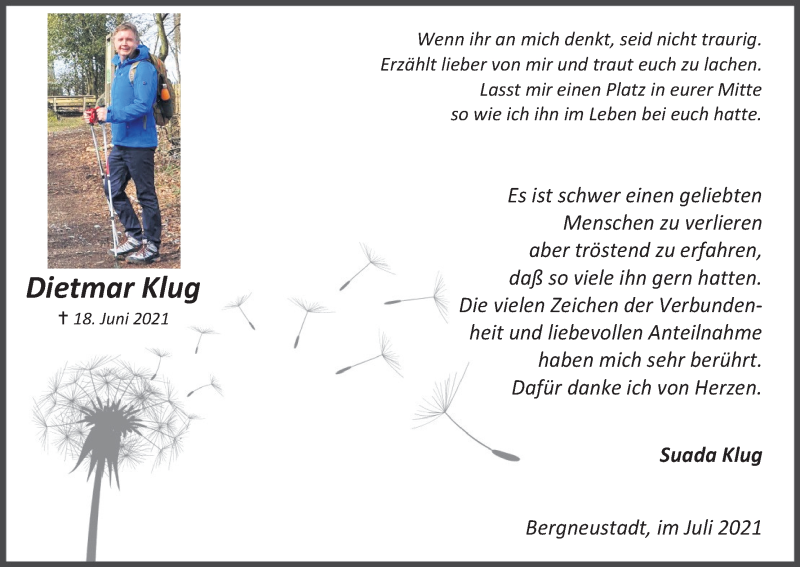  Traueranzeige für Dietmar Klug vom 31.07.2021 aus Kölner Stadt-Anzeiger / Kölnische Rundschau / Express