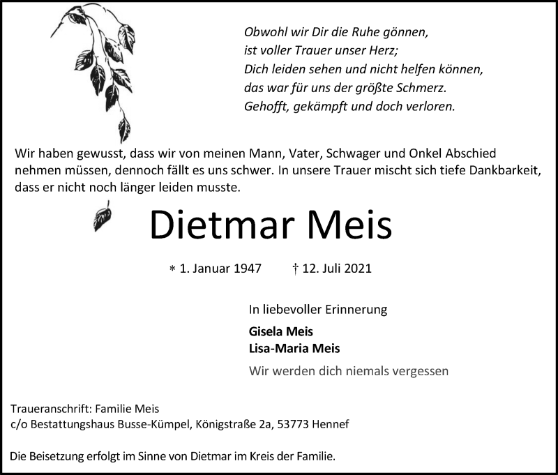  Traueranzeige für Dietmar Meis vom 17.07.2021 aus Kölner Stadt-Anzeiger / Kölnische Rundschau / Express