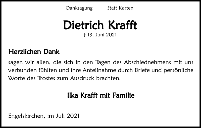  Traueranzeige für Dietrich Krafft vom 17.07.2021 aus Kölner Stadt-Anzeiger / Kölnische Rundschau / Express
