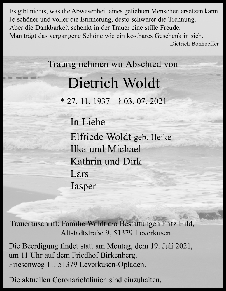  Traueranzeige für Dietrich Woldt vom 10.07.2021 aus Kölner Stadt-Anzeiger / Kölnische Rundschau / Express