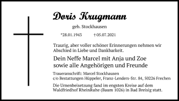 Anzeige von Doris Krugmann von Kölner Stadt-Anzeiger / Kölnische Rundschau / Express