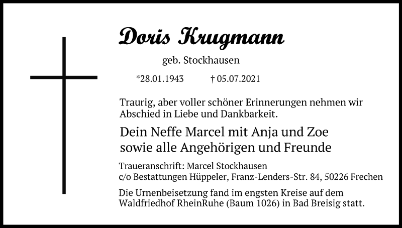  Traueranzeige für Doris Krugmann vom 31.07.2021 aus Kölner Stadt-Anzeiger / Kölnische Rundschau / Express