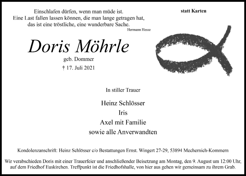  Traueranzeige für Doris Möhrle vom 31.07.2021 aus  Blickpunkt Euskirchen 