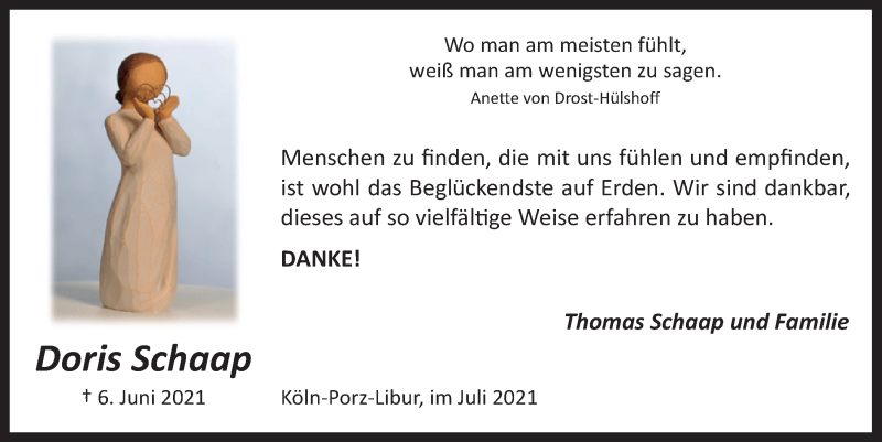  Traueranzeige für Doris Schaap vom 30.07.2021 aus  Kölner Wochenspiegel 