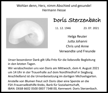 Anzeige von Doris Sterzenbach von Kölner Stadt-Anzeiger / Kölnische Rundschau / Express