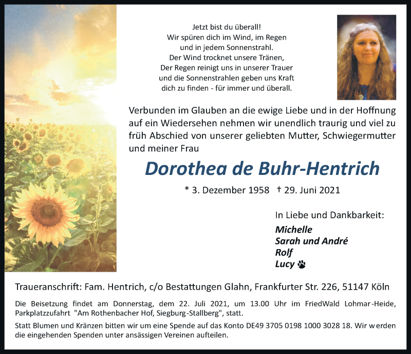  Traueranzeige für Dorothea de Buhr-Hentrich vom 09.07.2021 aus  Kölner Wochenspiegel 