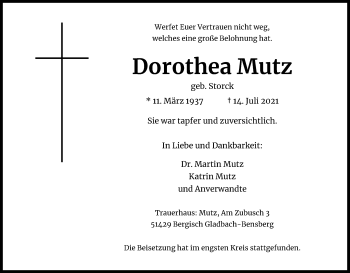Anzeige von Dorothea Mutz von Kölner Stadt-Anzeiger / Kölnische Rundschau / Express