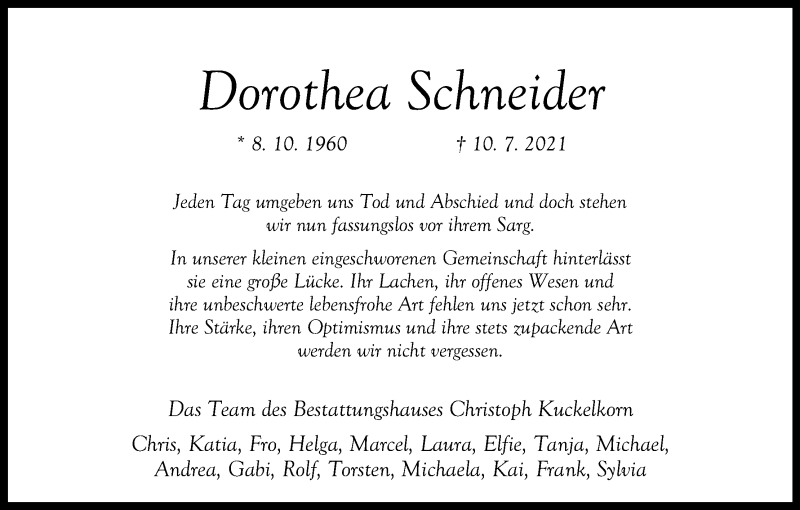  Traueranzeige für Dorothea Schneider vom 14.07.2021 aus Kölner Stadt-Anzeiger / Kölnische Rundschau / Express