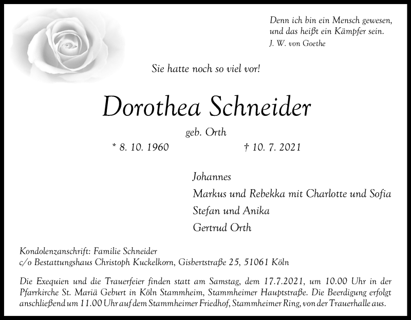  Traueranzeige für Dorothea Schneider vom 14.07.2021 aus Kölner Stadt-Anzeiger / Kölnische Rundschau / Express