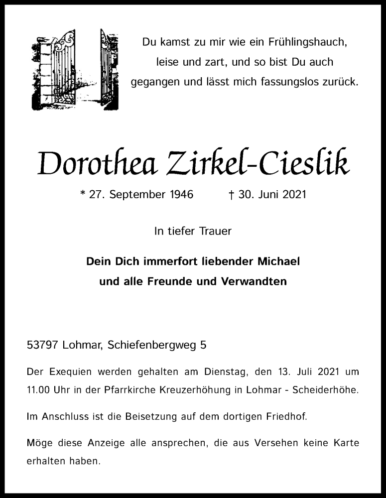  Traueranzeige für Dorothea Zirkel-Cieslik vom 10.07.2021 aus Kölner Stadt-Anzeiger / Kölnische Rundschau / Express