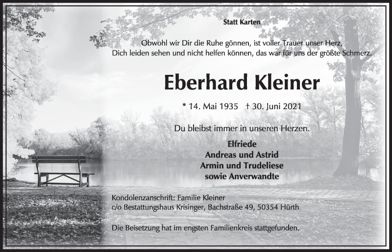  Traueranzeige für Eberhard Kleiner vom 30.07.2021 aus  Wochenende 