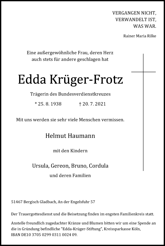  Traueranzeige für Edda Krüger-Frotz vom 24.07.2021 aus Kölner Stadt-Anzeiger / Kölnische Rundschau / Express