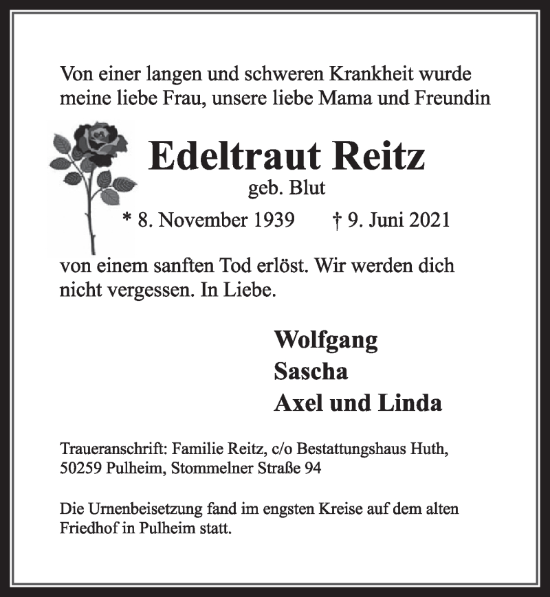  Traueranzeige für Edeltraut Reitz vom 02.07.2021 aus  Werbepost 