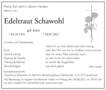 Anzeige von Edeltraut Schawohl von Kölner Stadt-Anzeiger / Kölnische Rundschau / Express
