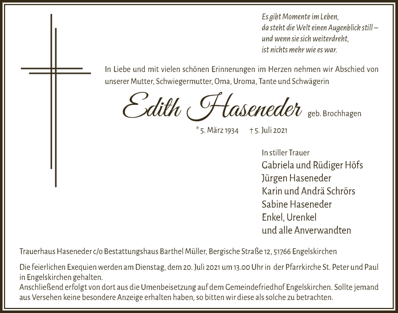  Traueranzeige für Edith Haseneder vom 16.07.2021 aus  Anzeigen Echo 