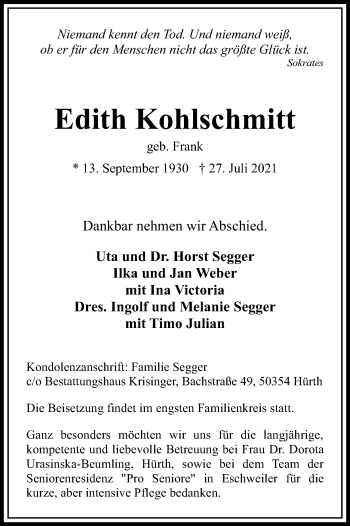 Anzeige von Edith Kohlschmitt von Kölner Stadt-Anzeiger / Kölnische Rundschau / Express