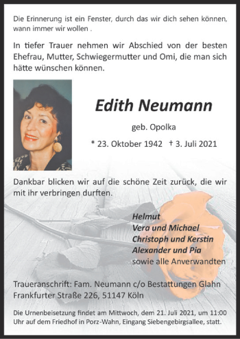 Anzeige von Edith Neumann von  Kölner Wochenspiegel 