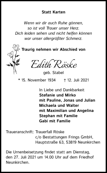 Anzeige von Edith Röske von Kölner Stadt-Anzeiger / Kölnische Rundschau / Express
