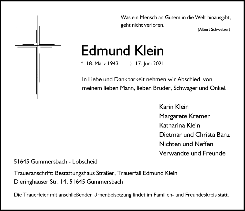  Traueranzeige für Edmund Klein vom 02.07.2021 aus  Anzeigen Echo 
