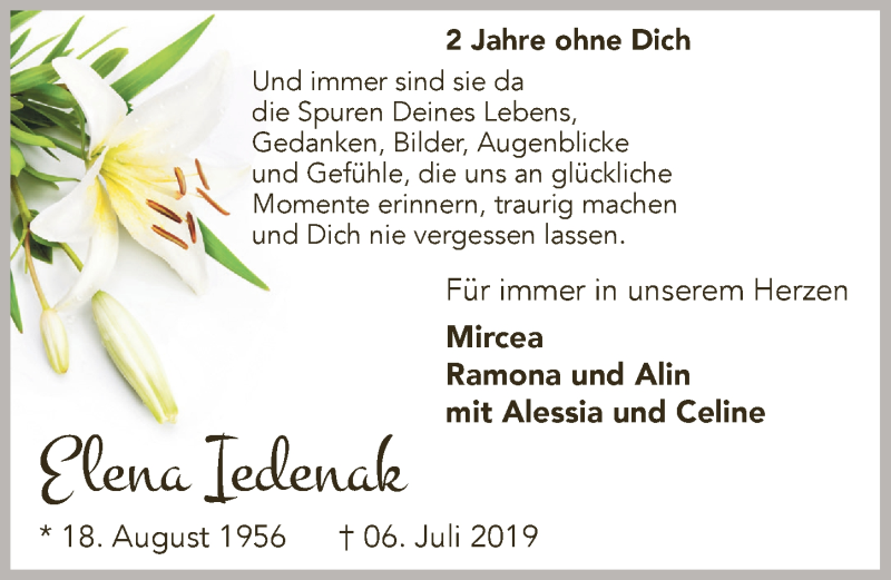  Traueranzeige für Elena Iedenak vom 02.07.2021 aus  Anzeigen Echo 