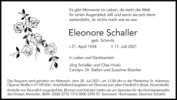 Anzeige von Eleonore Schaller von Kölner Stadt-Anzeiger / Kölnische Rundschau / Express