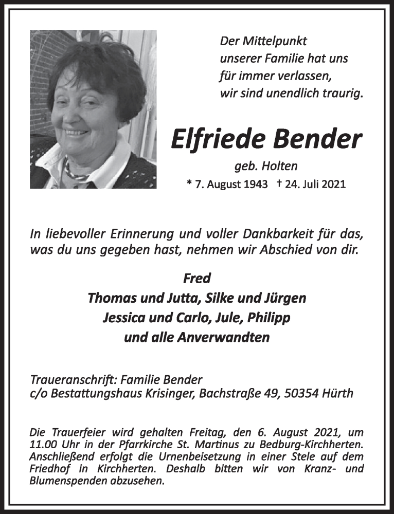  Traueranzeige für Elfriede Bender vom 30.07.2021 aus  Werbepost 