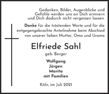 Anzeige von Elfriede Sahl von  Kölner Wochenspiegel 