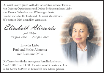 Anzeige von Elisabeth Alimonta von Kölner Stadt-Anzeiger / Kölnische Rundschau / Express