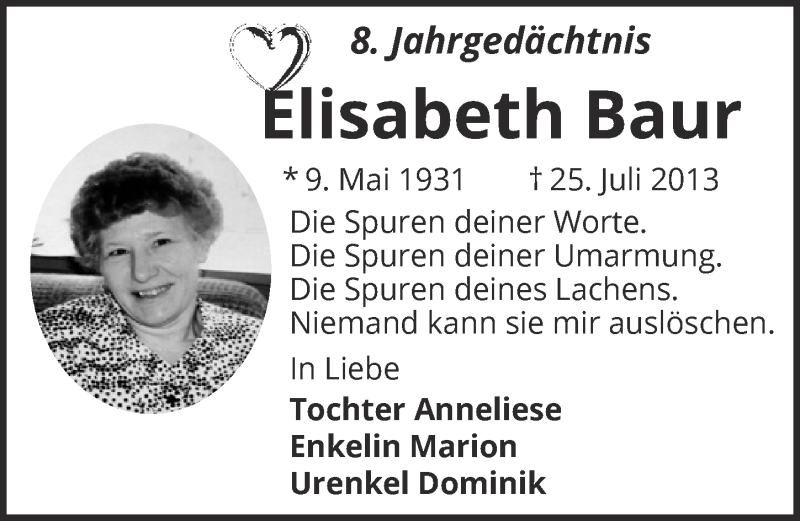  Traueranzeige für Elisabeth Baur vom 30.07.2021 aus  Kölner Wochenspiegel 