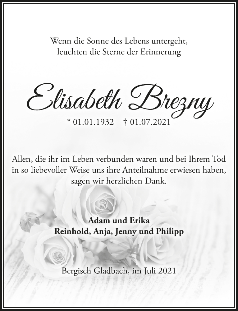  Traueranzeige für Elisabeth Brezny vom 16.07.2021 aus  Bergisches Handelsblatt 
