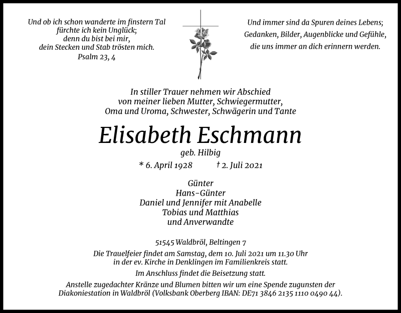 Traueranzeige für Elisabeth Eschmann vom 07.07.2021 aus Kölner Stadt-Anzeiger / Kölnische Rundschau / Express
