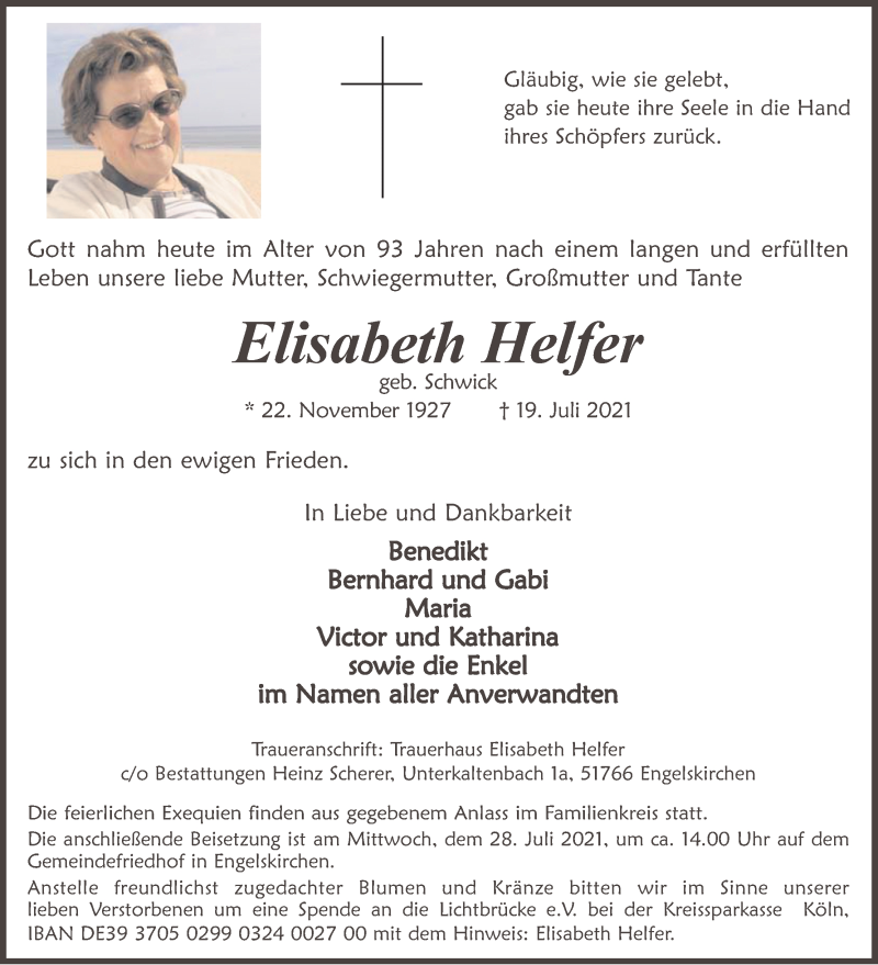  Traueranzeige für Elisabeth Helfer vom 24.07.2021 aus Kölner Stadt-Anzeiger / Kölnische Rundschau / Express