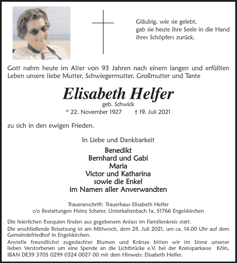  Traueranzeige für Elisabeth Helfer vom 23.07.2021 aus  Anzeigen Echo 