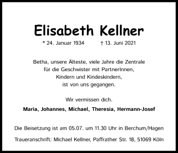 Anzeige von Elisabeth Kellner von Kölner Stadt-Anzeiger / Kölnische Rundschau / Express