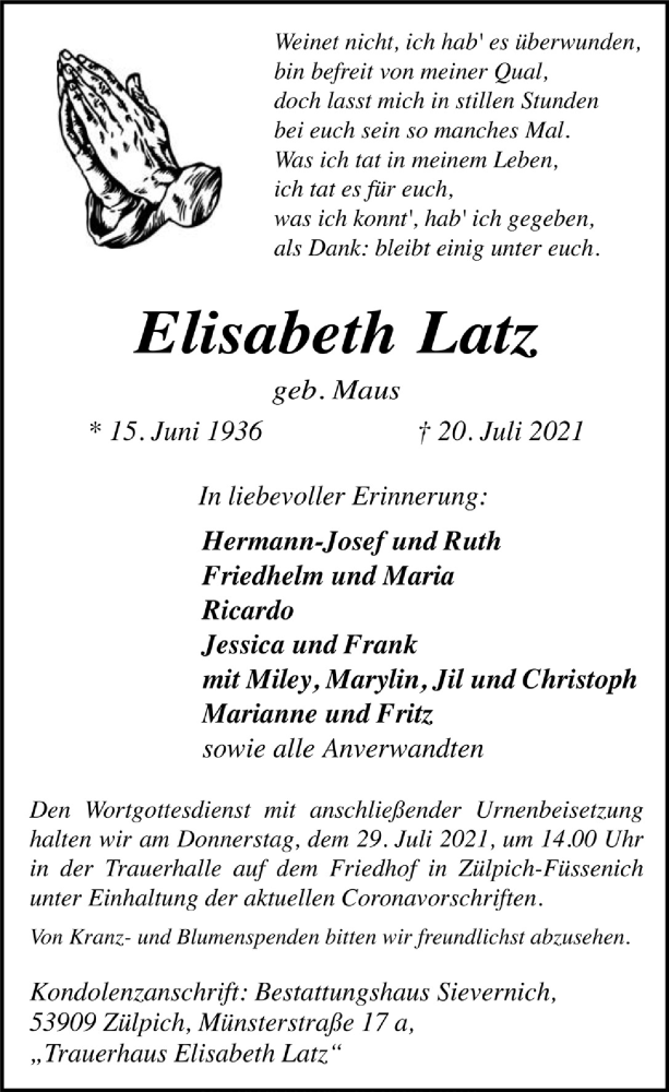  Traueranzeige für Elisabeth Latz vom 24.07.2021 aus  Blickpunkt Euskirchen 
