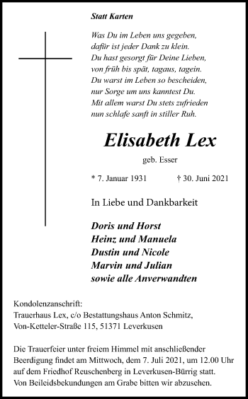 Anzeige von Elisabeth Lex von Kölner Stadt-Anzeiger / Kölnische Rundschau / Express