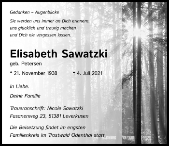 Anzeige von Elisabeth Sawatzki von Kölner Stadt-Anzeiger / Kölnische Rundschau / Express