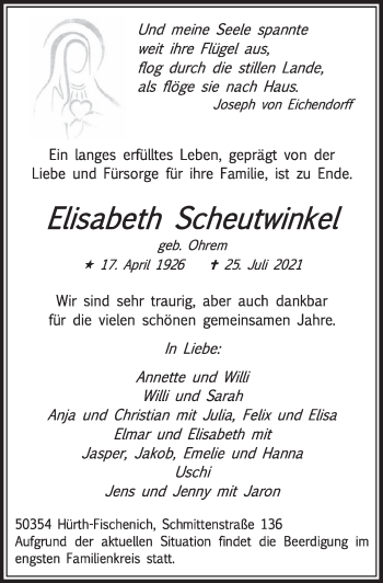 Anzeige von Elisabeth Scheutwinkel von  Wochenende 
