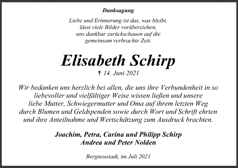  Traueranzeige für Elisabeth Schirp vom 31.07.2021 aus Kölner Stadt-Anzeiger / Kölnische Rundschau / Express
