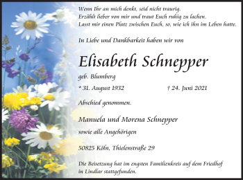 Anzeige von Elisabeth Schnepper von Kölner Stadt-Anzeiger / Kölnische Rundschau / Express
