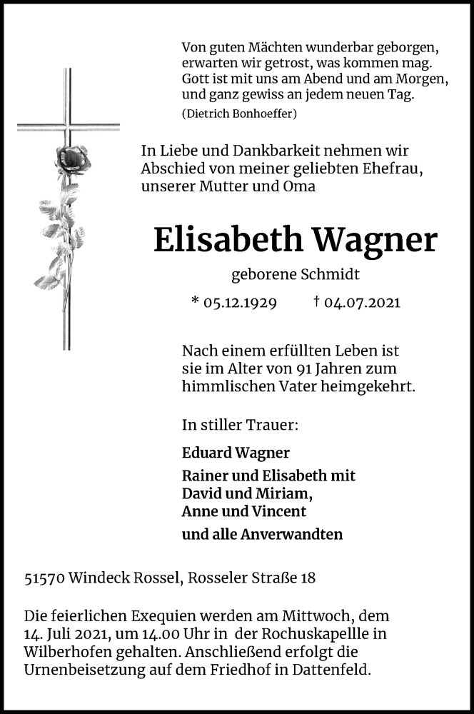  Traueranzeige für Elisabeth Wagner vom 10.07.2021 aus Kölner Stadt-Anzeiger / Kölnische Rundschau / Express