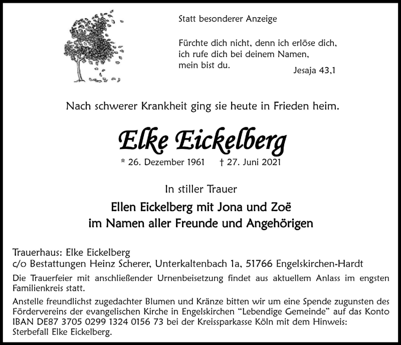  Traueranzeige für Elke Eickelberg vom 09.07.2021 aus  Anzeigen Echo 