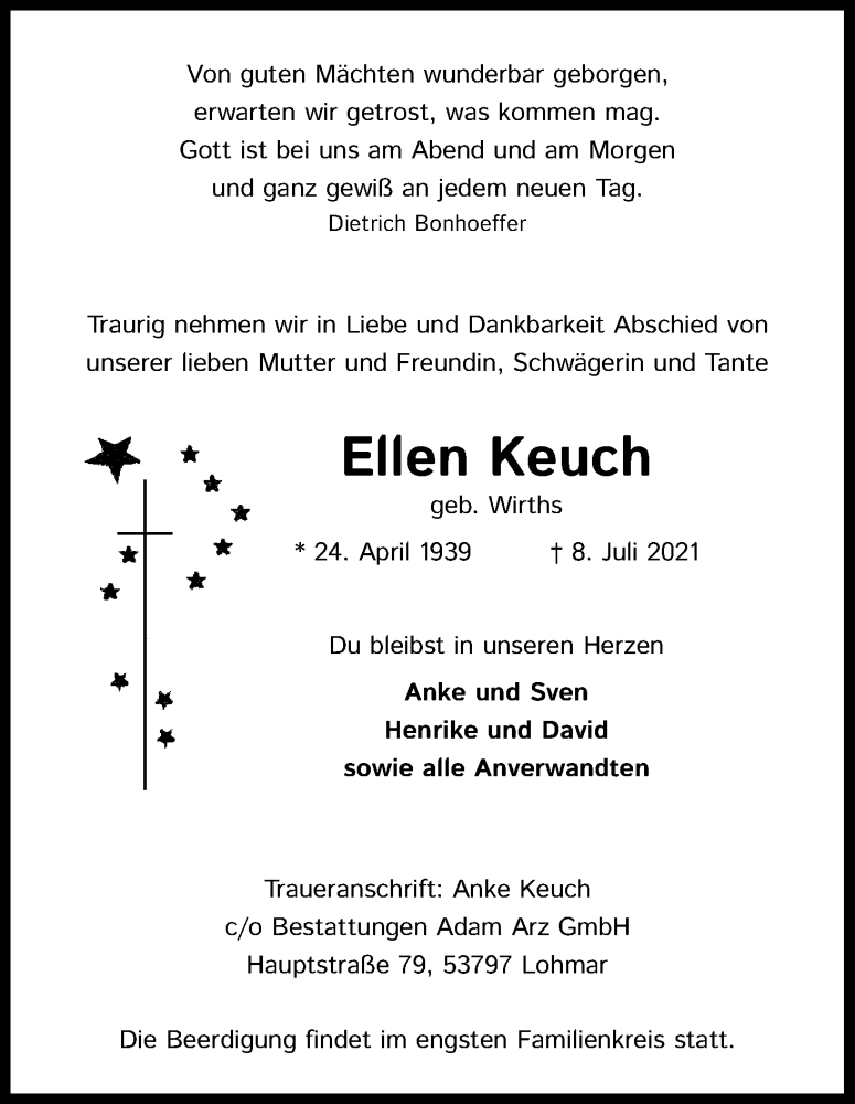  Traueranzeige für Ellen Keuch vom 10.07.2021 aus Kölner Stadt-Anzeiger / Kölnische Rundschau / Express