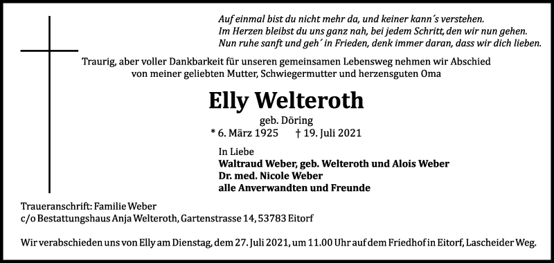  Traueranzeige für Elly Welteroth vom 24.07.2021 aus Kölner Stadt-Anzeiger / Kölnische Rundschau / Express