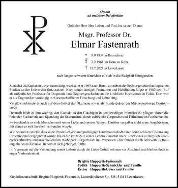 Anzeige von Elmar Fastenrath von Kölner Stadt-Anzeiger / Kölnische Rundschau / Express