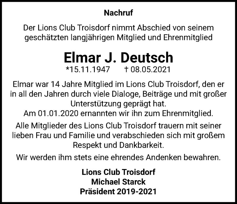  Traueranzeige für Elmar J. Deutsch vom 03.07.2021 aus Kölner Stadt-Anzeiger / Kölnische Rundschau / Express