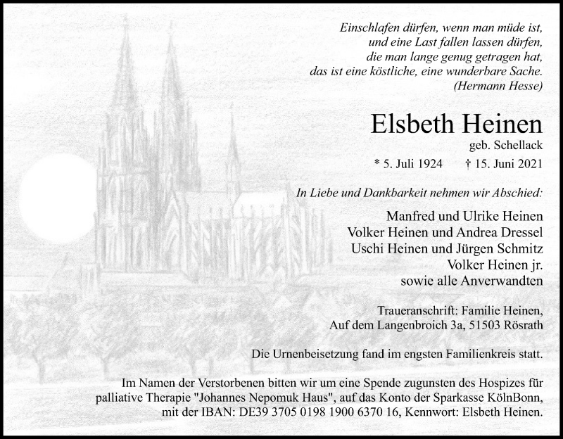  Traueranzeige für Elsbeth Heinen vom 10.07.2021 aus Kölner Stadt-Anzeiger / Kölnische Rundschau / Express