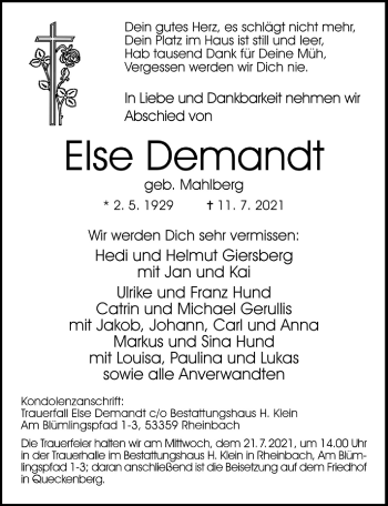 Anzeige von Else Demandt von  Schaufenster/Blickpunkt 