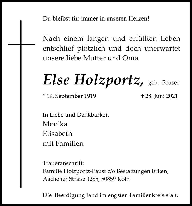  Traueranzeige für Else Holzportz vom 10.07.2021 aus Kölner Stadt-Anzeiger / Kölnische Rundschau / Express