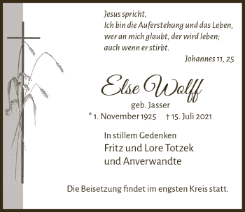 Anzeige von Else Wolff von  Lokalanzeiger 